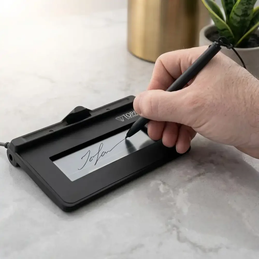 Topaz Systems electronic signature pad for digital document signing, featuring a sleek LCD screen and ergonomic stylus